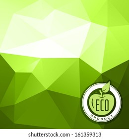 retro old-fashioned styled bio eco sticker of healthy healthful natural farm fresh aliment on green triangles creative background pattern excellent as a template of corporate identity advertisement vi