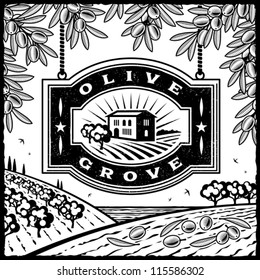 Retro Olive Grove black and white. Editable illustration.