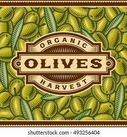 Retro Olive Harvest Label. Editable vector illustration in woodcut style with clipping mask.