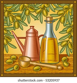 Retro olive oil still life. Vector