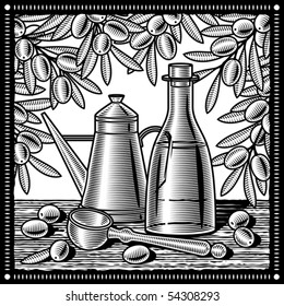 Retro olive oil still life black and white. Vector