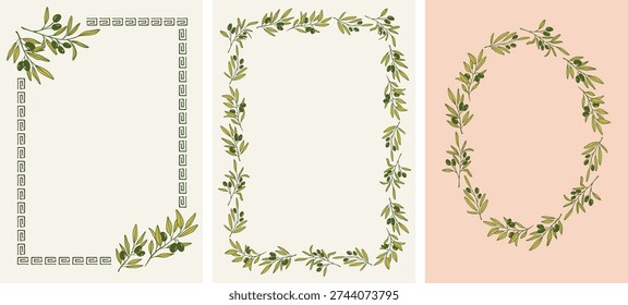 Retro olive tree frames with green leaves. Olive oil hand drawn vintage vector illustrations series