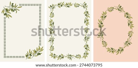 Retro olive tree frames with green leaves. Olive oil hand drawn vintage vector illustrations series