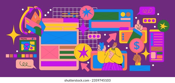 Retro online business and finance notification tab frames. Cartoon illustration of 90s style PC web page. Old computer style.