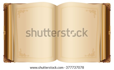 Retro open book with blank pages. Isolated on white illustration