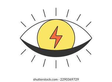 Retro open eye with electric lightning. Psychedelic groovy hippie style bizarre design. Vintage hippy crazy pupil sticker. Abstract 60s, 70s, 80s trendy y2k. Trippy vector eps illustration