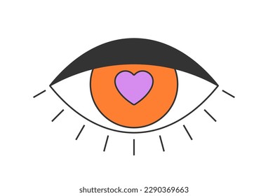 Retro open eye with love heart shape. Psychedelic groovy hippie style bizarre design. Vintage hippy crazy loving look pupil sticker. Abstract 60s, 70s, 80s trendy y2k. Trippy art vector illustration