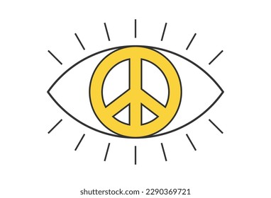 Retro open eye with peace sign. Psychedelic groovy hippie style bizarre design. Vintage hippy crazy peaceful look pupil sticker. Abstract 60s, 70s, 80s trendy y2k. Trippy art vector eps illustration