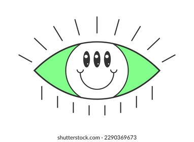Ojo retro abierto con cara sonriente. Psicodelic groovy estilo hippie bizarro diseño. Viejo hippy loco sonrisa divertido pegatina de alumno. Resumen de los años 60, 70, 80 de moda y2k. Ilustración Trippy vector eps
