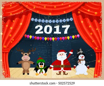 Retro Open red theater curtain with stars, snowflakes, garland,Santa Claus. Vintage card 
Santa Claus and reindeer, snowman, penguinat the theater. Happy New Year. Speech 2017. 
Vector illustration