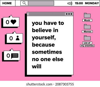 Retro operating system with message boxes and folders. Cute kawaii vaporwave style vector illustration.