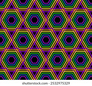 Retro optical lines hexagons geometrics neon colors Vector Pattern. Bright fluorescent yellow, purple, green, blue, black background geometric mosaic seamless pattern.