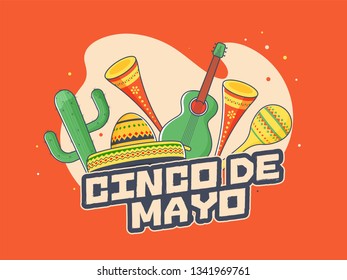 Retro orange background poster or flyer design for Cinco De Mayo party celebration, with music instrumental, sombrero hat and cactus plant.