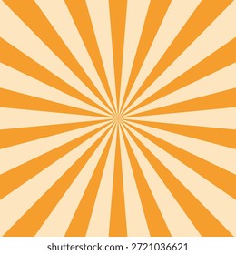 Fundo laranja retro com vintage circo sunburst. Cartaz colorido de espiral psicodélico, padrão abstrato em estilo de carnaval dos anos 70. Ilustração vetorial de explosão solar hipnótica.