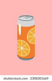 Retro orange drink concept. Aluminium tin, container with soda or juice. Fizzy tasty liquid for hot weather or summer season. Cartoon flat vector illustration isolated on pink background