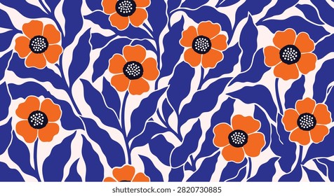 Retro Orange Floral Pattern with White Leaves on Deep Blue Background