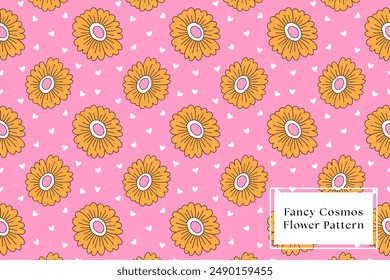 retro orange flower and love pattern for print wrapping, banner, card. doodle colorful flower. abstract flowers pattern. floral botanical seamless pattern pink background. cute flower seamless pattern