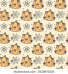 Retro Orange Pastel Halloween Pumpkins Seamless Pattern Coquette Spooky Cute Cartoon repeat design isolated on background