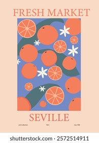  Retro Orange Poster.Trendy contemporary wall arts.Hand 
 drawn vintage fruit and flower.Retro abstract Fresh Market poster.Modern naive groovy funky interior decorations.