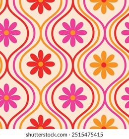 Retro Orange, red and pink flowers seamless pattern on vintage ogee oval waves on off white background. For home décor, wallpaper and fabric 