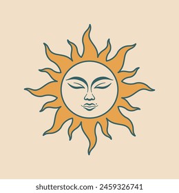 Retro orange sun with dark outline and calm face on beige background. Vector logo or icon.