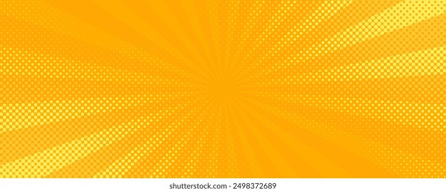 Retro orange sun rays on yellow halftone pattern background. Dotted or noise texture. Bright pixel art comic and pop-up design. Vector wall for poster, banner, advertising.