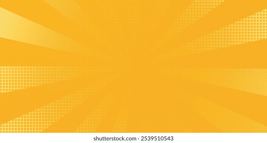 Retro orange sun rays on yellow halftone pattern background. Dotted or noise texture. Bright pixel art comic and pop-up design. Vector wall for poster, banner, advertising.