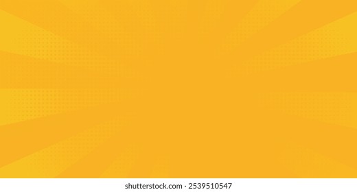 Retro orange sun rays on yellow halftone pattern background. Dotted or noise texture. Bright pixel art comic and pop-up design. Vector wall for poster, banner, advertising.