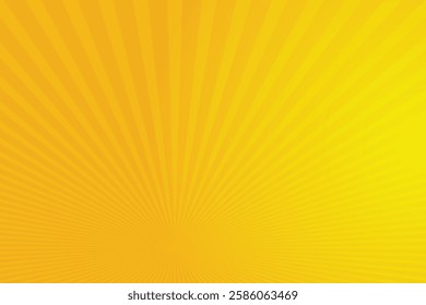 Retro orange sun rays on yellow halftone pattern background. Bright pixel art comic and pop-up design. Vector wall for poster, banner, advertising.
