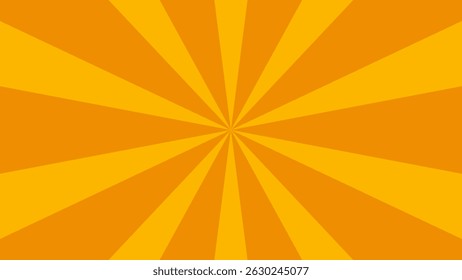 Retro orange sun rays on yellow halftone bg. Pop art comic cartoon background. Vintage sunburst effect. Vector illustration. EPS 10.