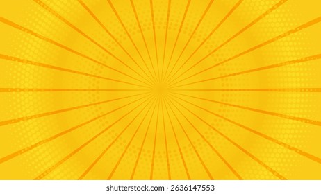 Retro orange sun rays on yellow halftone bg. Pop art comic cartoon background. Vintage sunburst effect. Vector illustration. EPS 10.