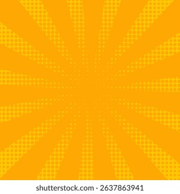 Retro orange sun rays on yellow halftone pattern background. Dotted or noise texture. Bright pixel art comic and pop-up design. Vector wall for poster, banner, advertising.