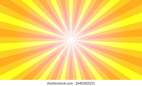 Retro orange sun rays on yellow halftone bg. Pop art comic cartoon background. Vintage sunburst effect. Vector illustration. EPS 10.