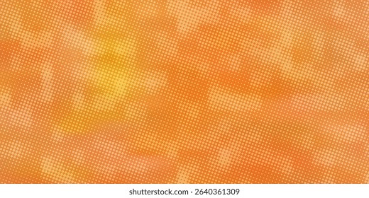 Retro orange sun rays on yellow halftone pattern background. Dotted or noise texture. Bright pixel art comic and pop-up design. Vector wall for poster, banner, advertising. modern