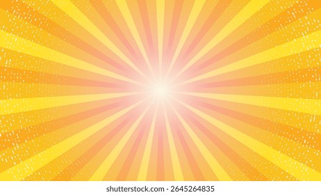 Retro orange sun rays on yellow halftone bg. Pop art comic cartoon background. Vintage sunburst effect. Vector illustration. EPS 10.