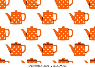 Retro orange Teekanne mit weißen Punkten auf nahtlosem Hintergrund wiederholt