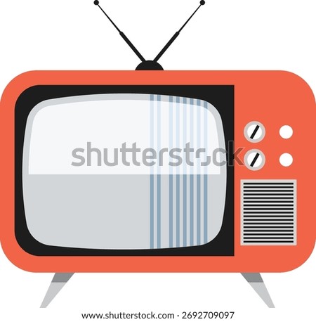 Retro orange television with rabbit ear antennas and static screen vintage