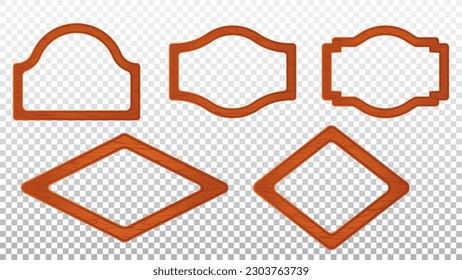 Retro orange wood sign board cartoon vector panel. Wooden texture rhombus frame banner. Ui signboard design set for farm rustic app menu template. Blank level label piece illustration collection