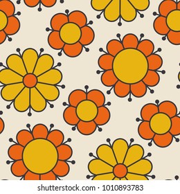 Retro orange and yellow color 60s flower motif. Geometric floral seamless pattern.  vector illustration