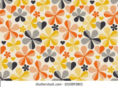 Retro Orange And Yellow Color 60s Flower Motif. Geometric Floral Seamless Pattern.  Vector Illustration