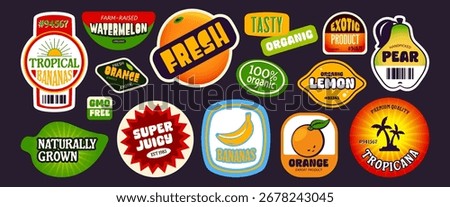 Retro organic fruit stickers set isolated on black background. Vector illustration of creative color labels for fresh watermelon, orange, pear, lemon, banana, food quality badges, market stamps