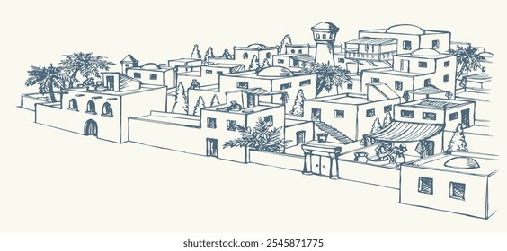 Retro orient jew bíblia idade pedra muralha urbana portão da porta rural estrada Ksar natureza árvore paisagem vista panorâmica. Arte desenhada à mão estilo Arábia Saudita Irã ao ar livre judeu branco até mesmo céu islã Irak rua símbolo