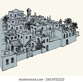 Retro orient jew bible age stone urban wall door gate rural Ksar road nature tree land scenic view. Hand drawn art Saudi Arabia style Iran outdoor jewish white even sky islam Irak street travel symbol