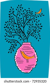 Retro Oriental Paper Pink Lantern Tree and Orange Parakeets Vector Illustration