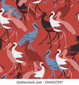 Retro oriental red stork birds vector graphic seamless pattern can be use for background and apparel design