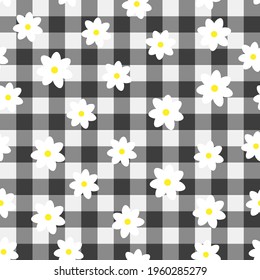 Retro ornament with white flowers. Abstract seamless pattern with cute chamomile on square background. Good for invitation, poster, card, flyer, banner, textile, fabric, gift wrapping paper.