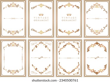 Retro ornamental gold frame, vintage rectangle ornaments and ornate border. Decorative wedding frames, antique picture borders or deco devider. Isolated icons vector set.