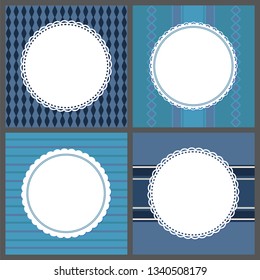 Retro ornamental round frames isolated ob blue background with rhombus, stripes and lines. Vector posters with spare place for text, greeting cards templates