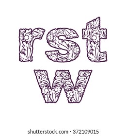 Retro ornamental typeface, beautiful flower-patterned letters isolated on white. Flowery alphabet, r, s, t, w.