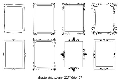 Retro ornate borders, calligraphy invites. Decorative vintage frames, old style brush ornaments for certificate. Elegant curved decorative elements, vector recent filigree design corners set